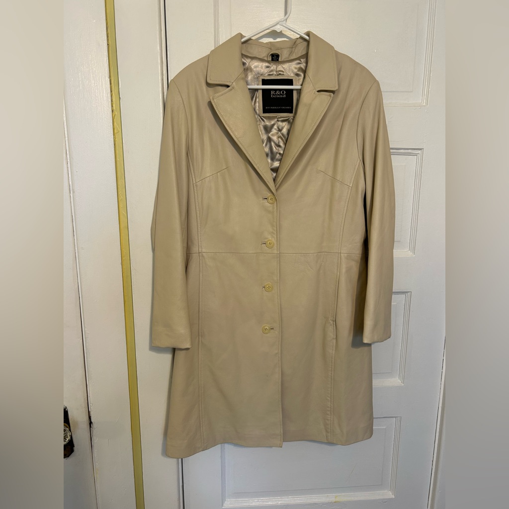 RO Reilly Olmes Leather Jacket Womens Large Cream Beige Quilted Lining Long